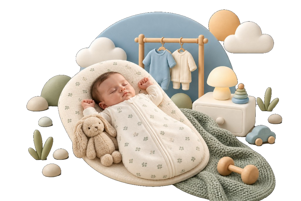 Illustrated nursery vignette with a sleeping baby in a cream sleep sack and outfits on a wooden rail